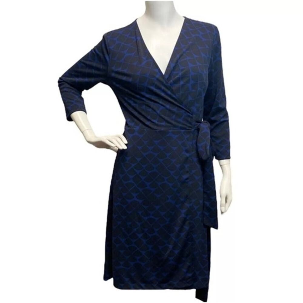 Ann Taylor Womans Sz 12 Wrap Dress 3/4 Sleeve V Neck Blue Black Stretch